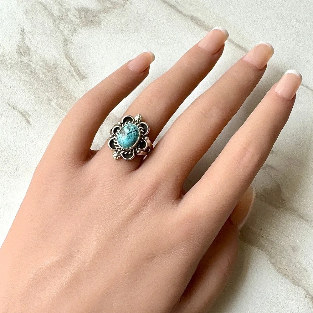 Navajo Flower Ring Turquoise Sz 7.5 Sterling Silver Signed Morgan Native Amer